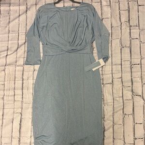 London Times Shimmering Blue Long Sleeve Dress
